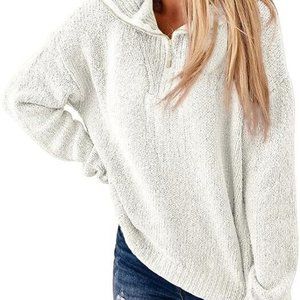 Women's Casual 1/4 Zip knit Pullover Polo sweater, V Neck Long White, Size Large